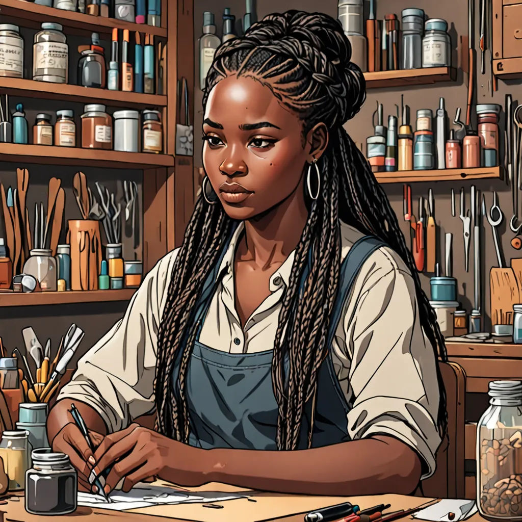a woman sitting at a table with a pen and paper in front of her and a shelf full of jars, photorealism, a character portrait, Constance Gordon-Cumming, highly detailed digital painting