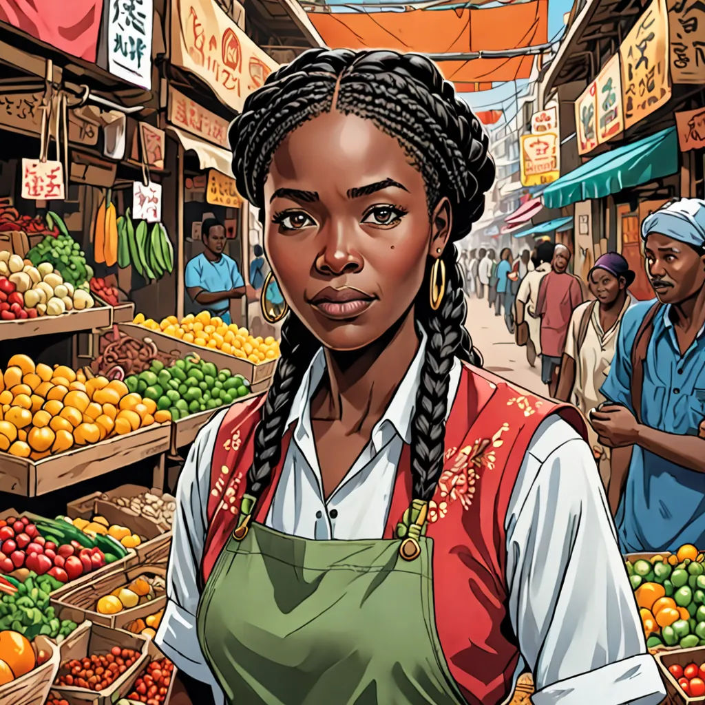 a woman standing in front of a fruit stand with a lot of fruit in it's display cases, afrofuturism, a comic book panel, Ernie Barnes, comic cover art