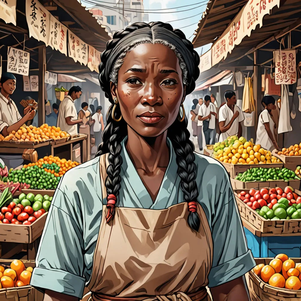 a woman standing in front of a fruit stand with oranges and other fruit in baskets on the ground, american realism, a character portrait, Ella Guru, high detail illustration