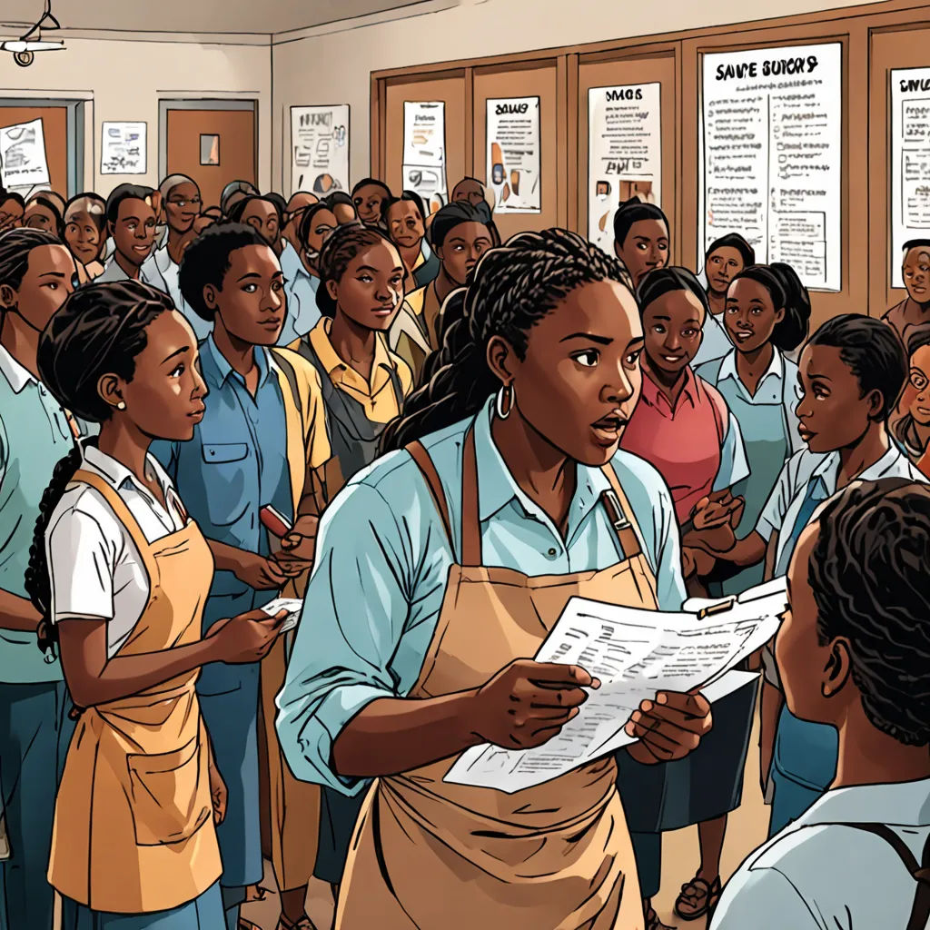 a woman in an apron is standing in front of a group of people in a room with posters on the walls, lyco art, a comic book panel, Chinwe Chukwuogo-Roy, graphic novel