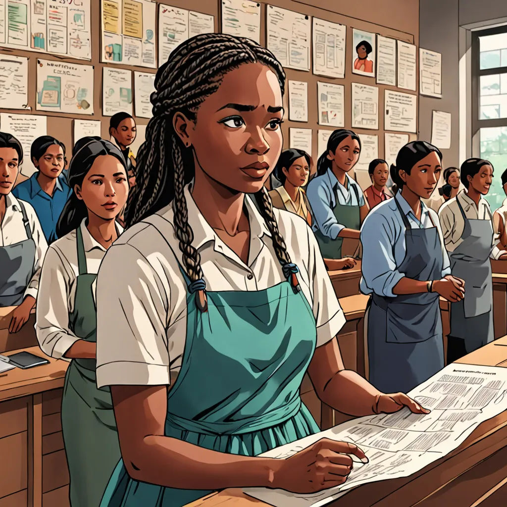 a cartoon of a woman standing in front of a classroom full of students with papers in front of her, serial art, a comic book panel, Ella Guru, graphic novel