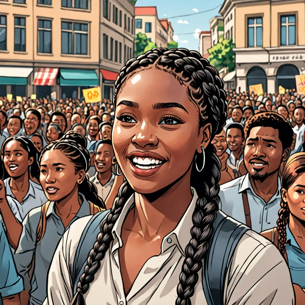 a woman with braids standing in front of a crowd of people in a city street with buildings and a crowd of people, harlem renaissance, a comic book panel, Constance Gordon-Cumming, graphic novel