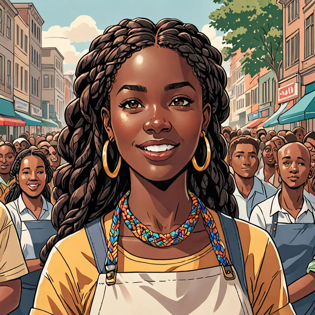 a woman with braids and a yellow shirt is standing in front of a crowd of people in a city, harlem renaissance, a comic book panel, Constance Gordon-Cumming, comic cover art
