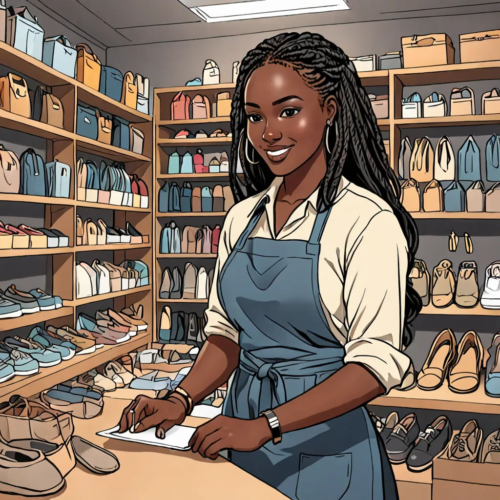 a woman in a store with a shoe store shelf full of shoes and shoes on shelves and shelves with shoes, lyco art, a comic book panel, Chinwe Chukwuogo-Roy, comic cover art