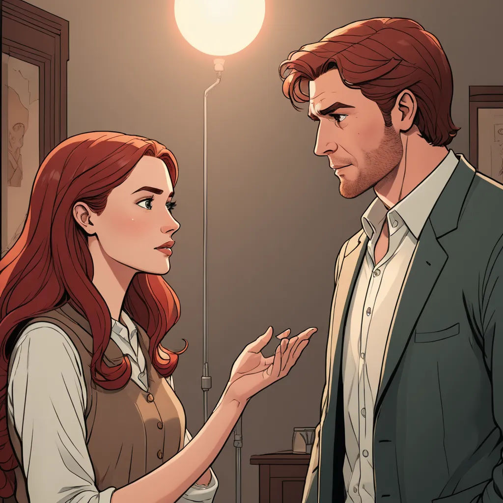 a man and a woman are talking in a room with a light on the wall behind them and a lamp on the wall, art nouveau, a comic book panel, Alton Tobey, comic cover art