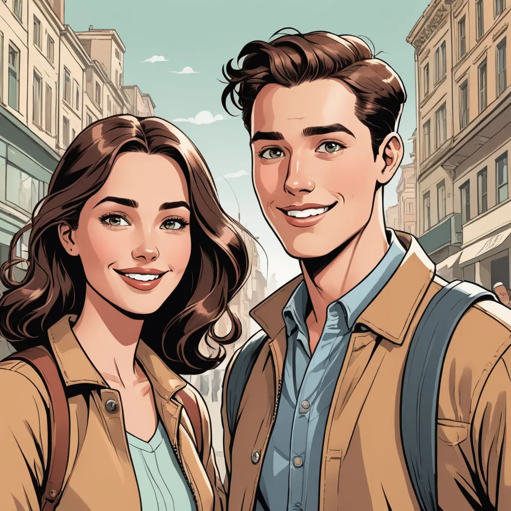 a man and a woman are standing in the street together, with buildings in the background and a sky in the background, paris school, a comic book panel, Colin Middleton, comic cover art