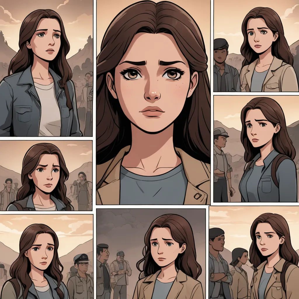 a series of cartoon images of a woman in a desert setting with a man in the background and a woman in the foreground, serial art, a comic book panel, Clarice Beckett, graphic novel