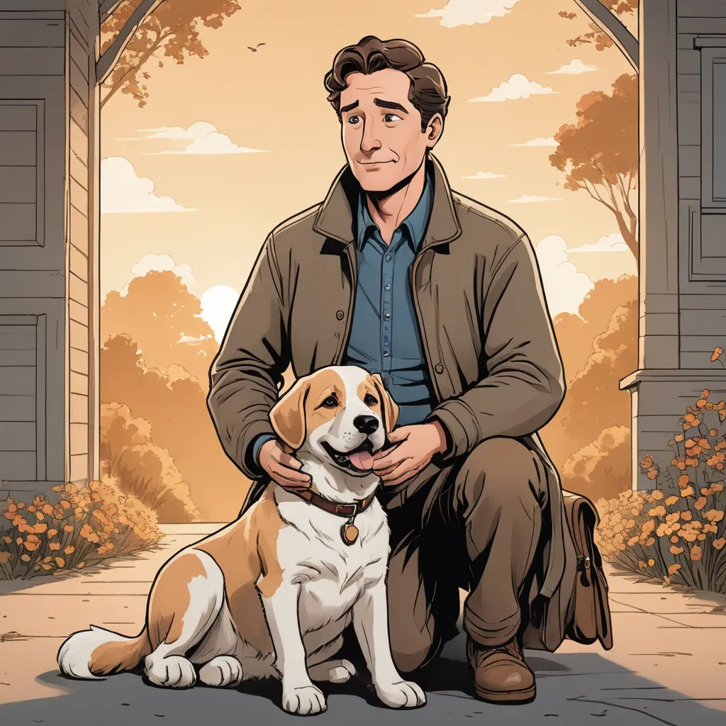 a man sitting on the ground with a dog in front of him and a house in the background with a door, furry art, a comic book panel, David Budd, official art