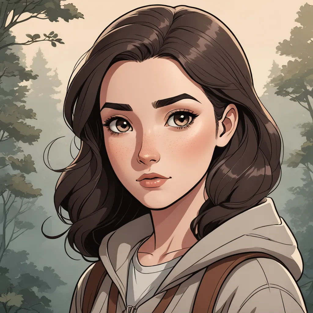 a woman with a backpack in a forest with trees in the background and a cartoon style of her face, sots art, a character portrait, Clarice Beckett, character portrait