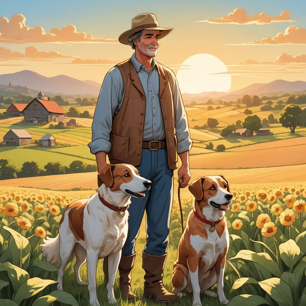 a man standing next to two dogs in a field of sunflowers with a sunset in the background, american scene painting, a storybook illustration, Brothers Hildebrandt, official art