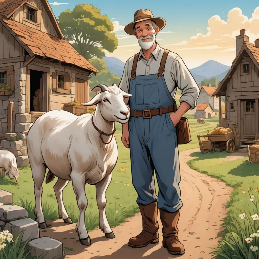 a man standing next to a sheep on a dirt road near a farm house and a stone wall with a brown roof, american scene painting, a storybook illustration, Douglas Shuler, 2 d game art