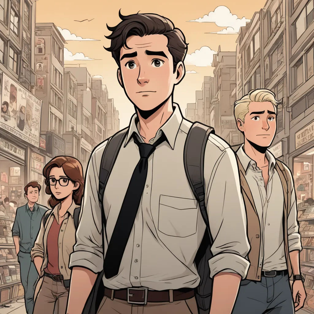 a man with a backpack and a tie standing in front of a group of people in a city street, serial art, a comic book panel, Cedric Seaut (Keos Masons), comic cover art