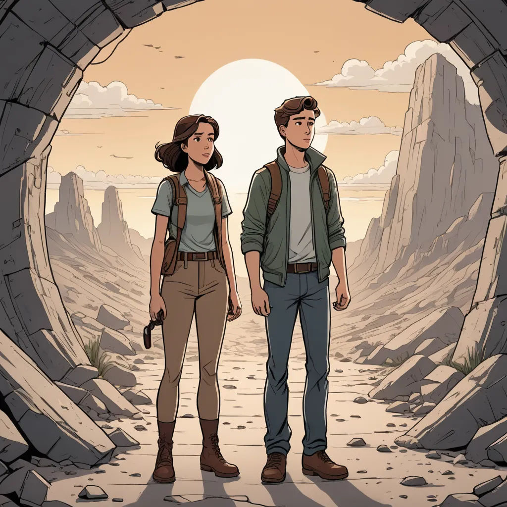 a man and a woman standing in a tunnel with a view of the desert and mountains in the background, serial art, poster art, Asaf Hanuka, comic cover art