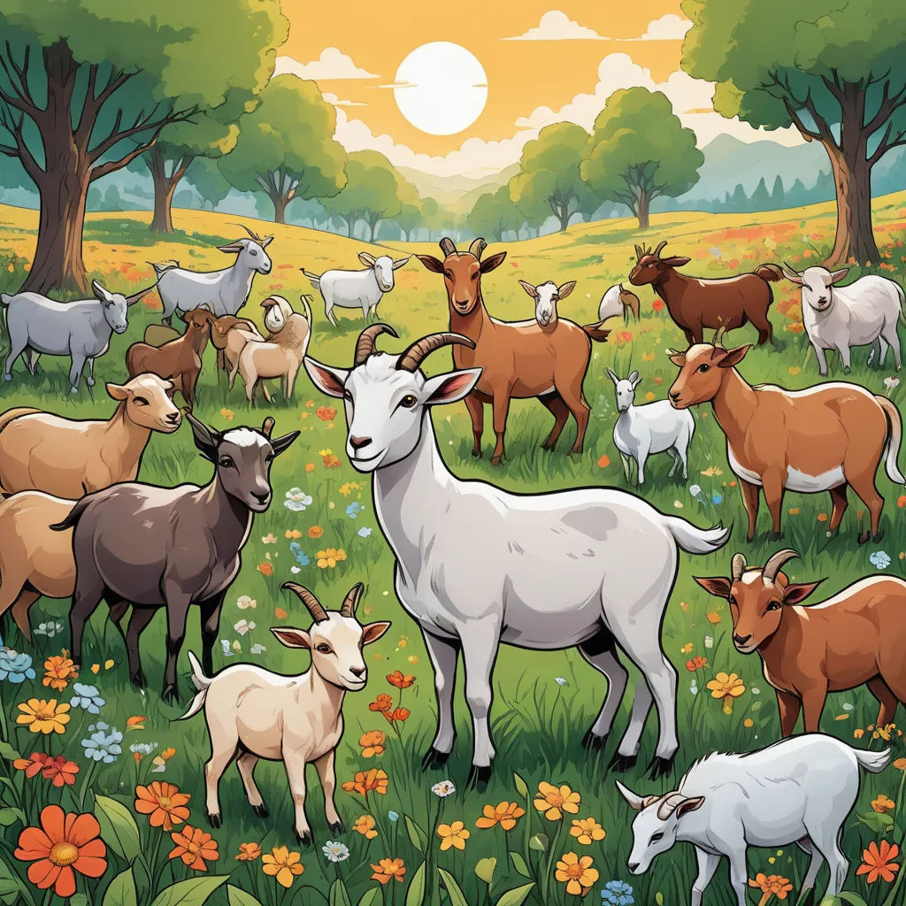 a herd of goats standing on top of a lush green field next to trees and flowers on a sunny day, rayonism, a storybook illustration, Chris LaBrooy, furaffinity