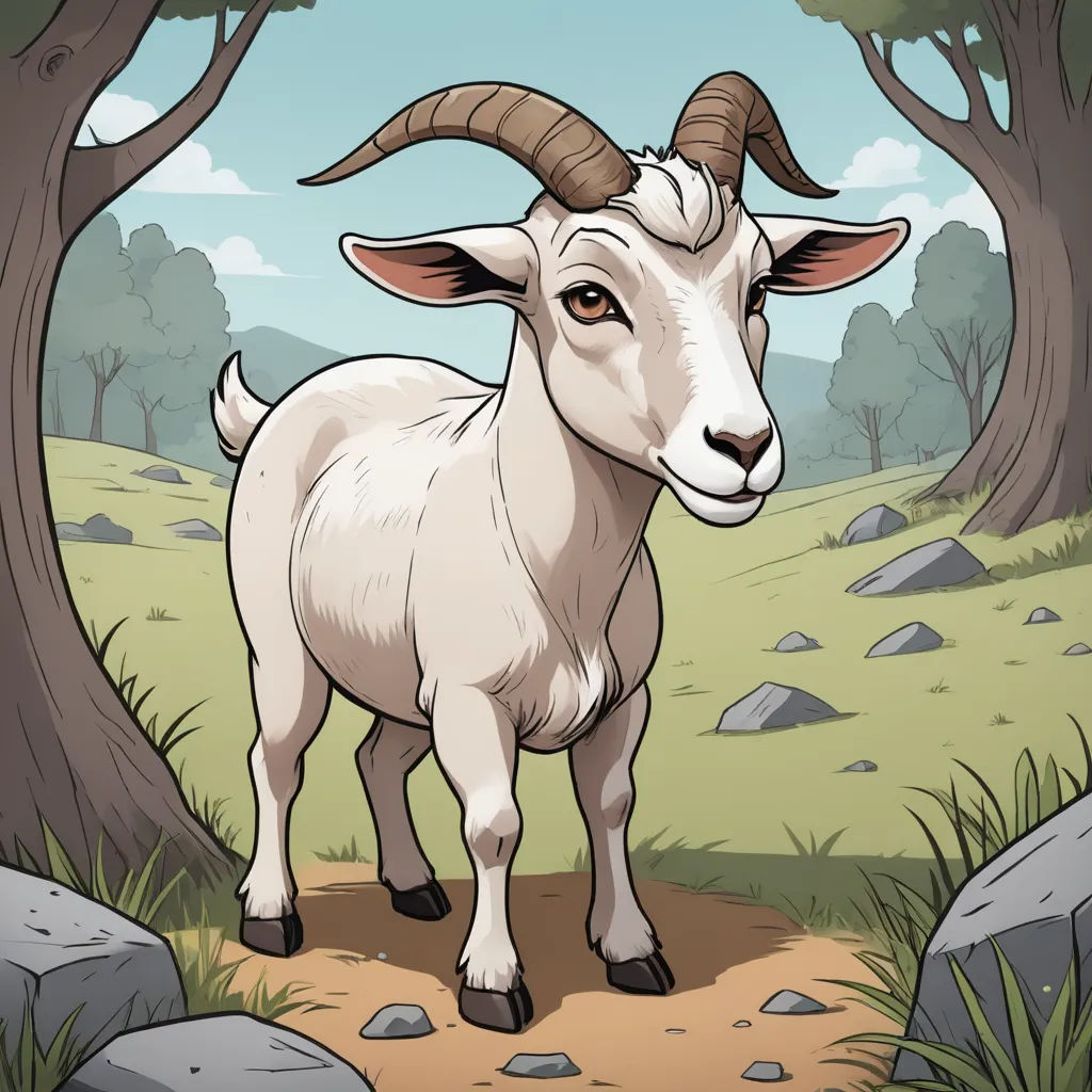a goat standing in a forest with rocks and trees around it, with a sky background and a few clouds, naturalism, a character portrait, Brom, character portrait