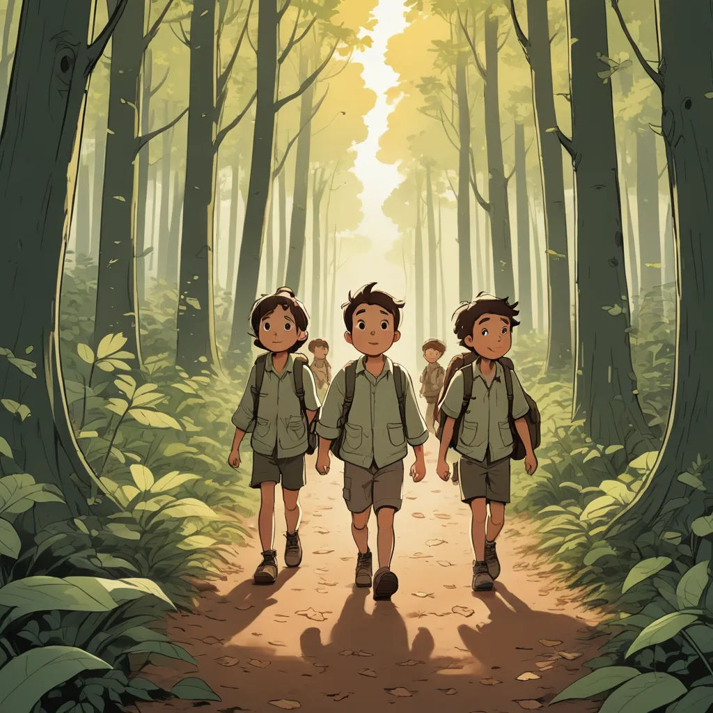 a group of children walking down a forest path in the woods with backpacks on their backs and a backpack on their shoulders, rayonism, a comic book panel, Asaf Hanuka, color page