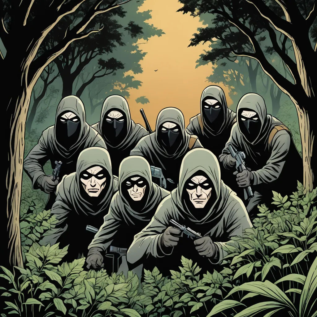 a group of people in hoodeds in the woods with guns in their hands and a sun in the background, antipodeans, a comic book panel, Andrew Robinson, comic cover art