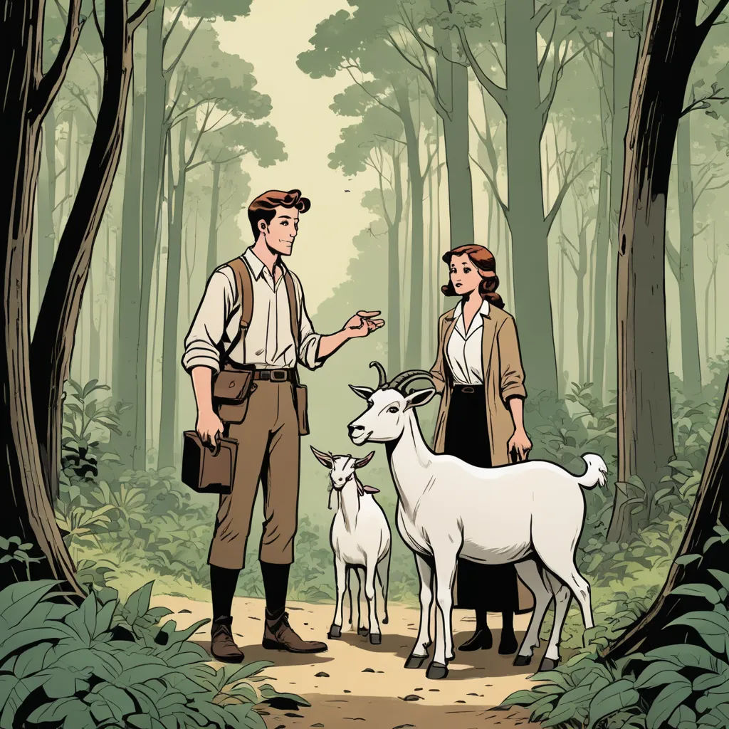 a man and woman standing in the woods with a goat and a goat in front of them, with a forest background, context art, a comic book panel, Asaf Hanuka, comic cover art