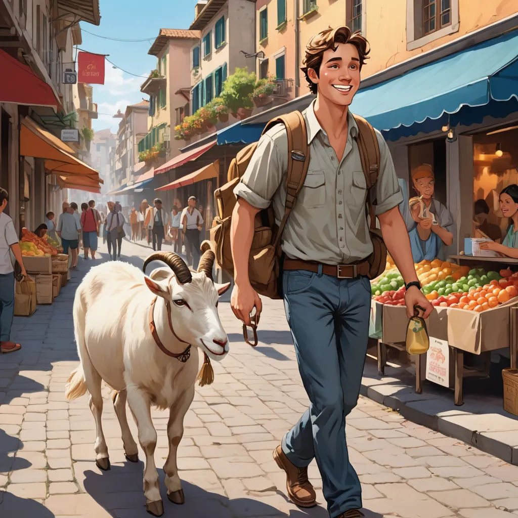 a man walking down a street with a goat on a leash next to him and people walking by on the sidewalk, american scene painting, a storybook illustration, Chris LaBrooy, official art