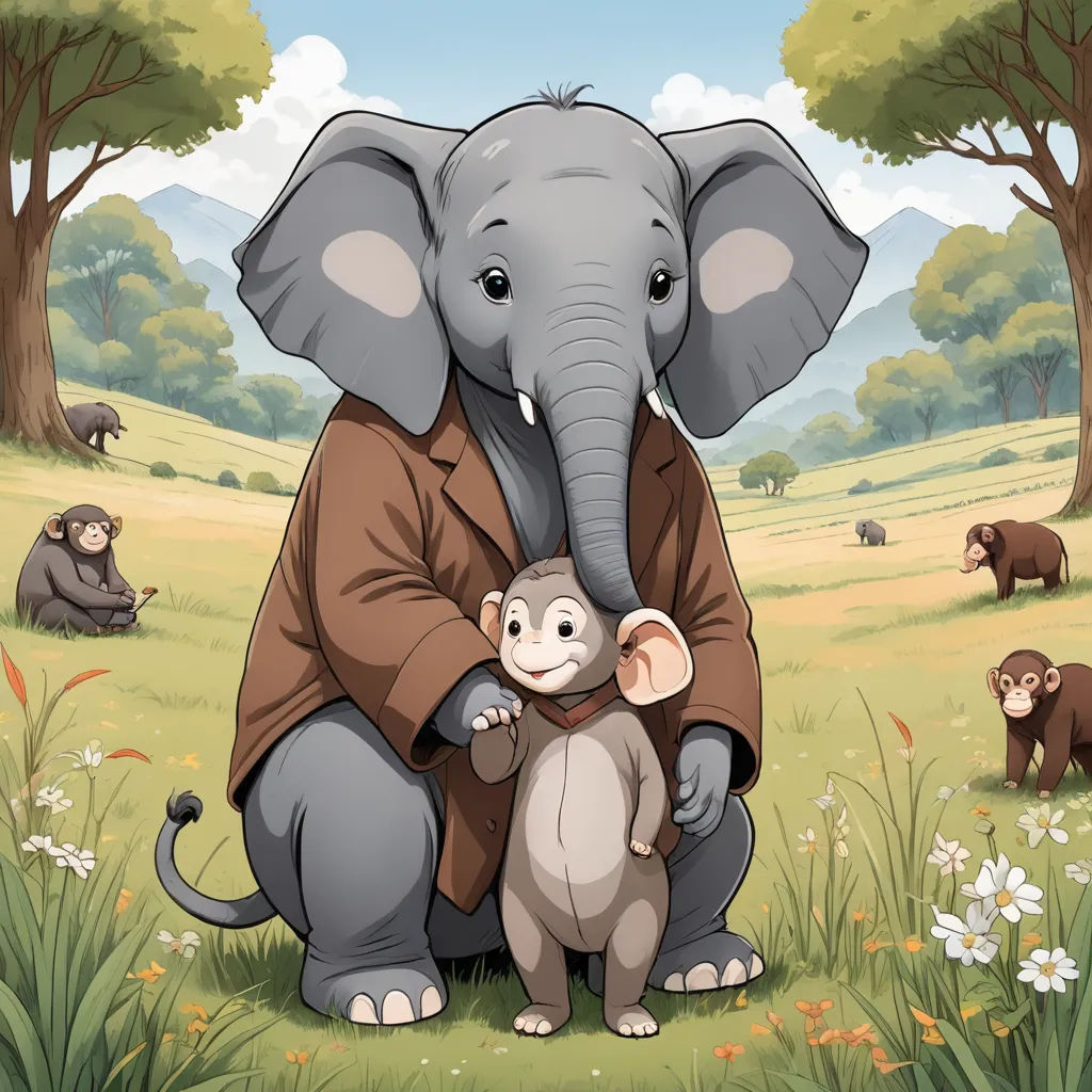 a man holding a small monkey in front of an elephant and other animals in a field of grass and trees, furry art, a storybook illustration, Chris LaBrooy, storybook illustration