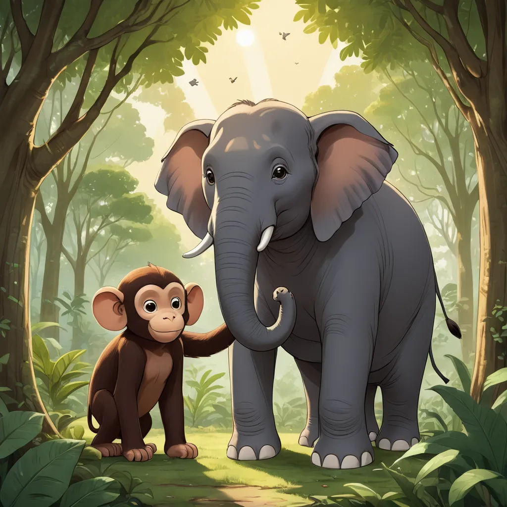 a monkey and an elephant in a jungle with trees and sun shining through the trees and leaves on the ground, sumatraism, a storybook illustration, Chris LaBrooy, storybook illustration