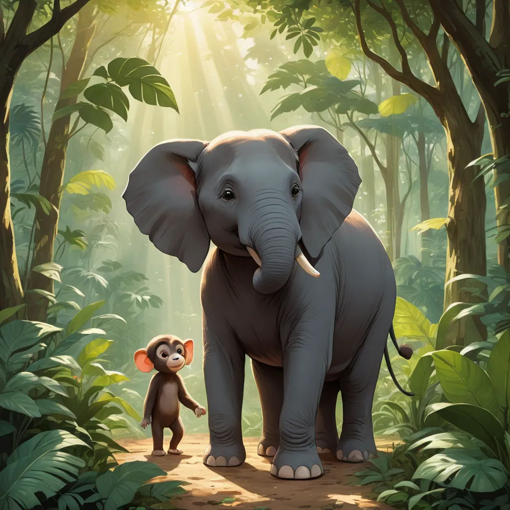 a small monkey standing next to an elephant in a forest with trees and sun beams shining down on the elephant, sumatraism, a poster, Chris LaBrooy, promotional image