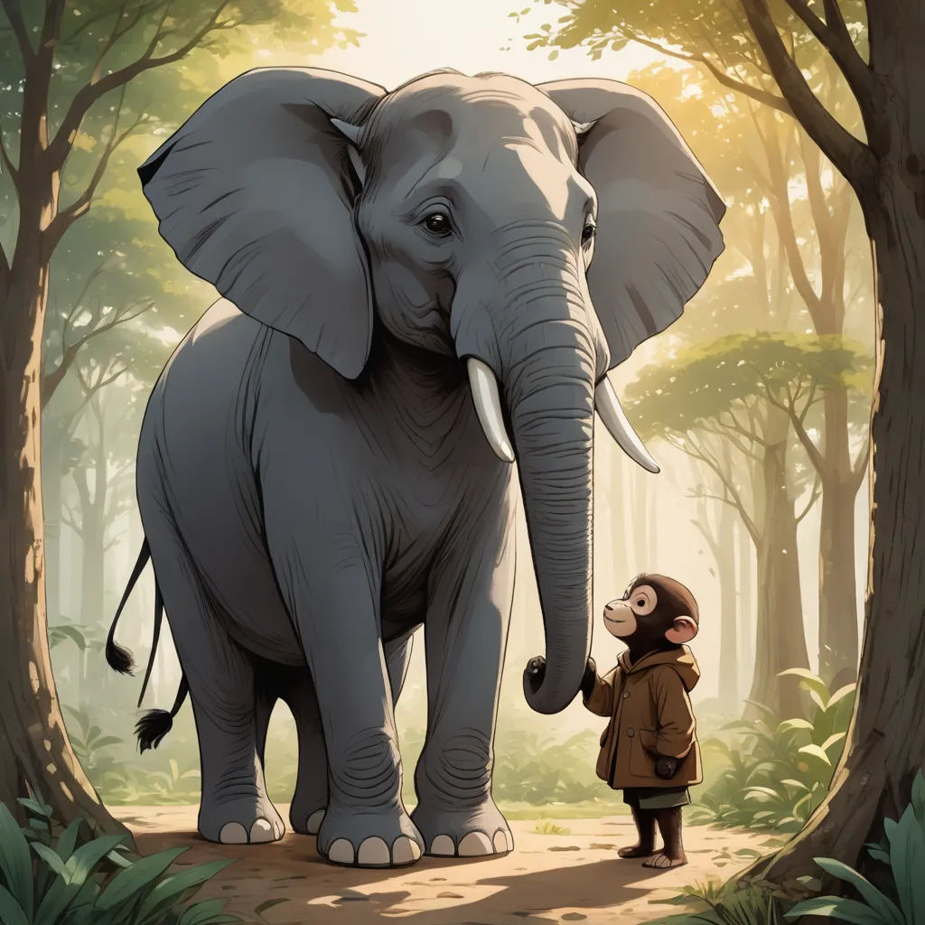 a man standing next to an elephant in a forest with trees and a person in a brown coat looking at it, naturalism, a storybook illustration, Chris LaBrooy, official art