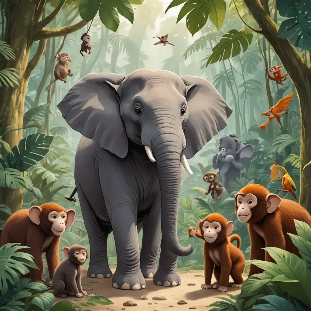 a group of animals standing in a jungle with trees and plants around them, including an elephant, monkey, and other animals, sumatraism, a storybook illustration, Chris LaBrooy, promotional image