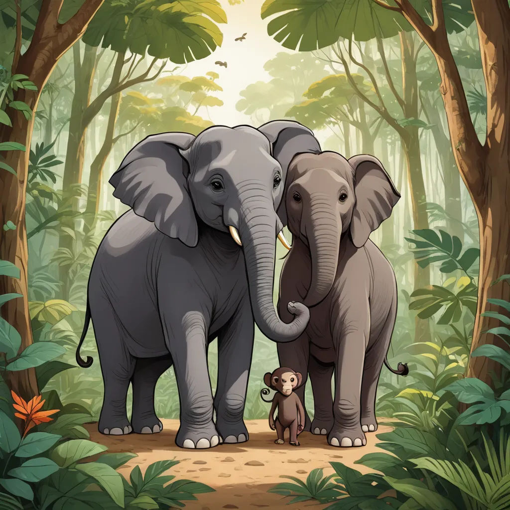 two elephants standing in the middle of a jungle with a monkey on the side of the path in front of them, sumatraism, a storybook illustration, Chris LaBrooy, official art
