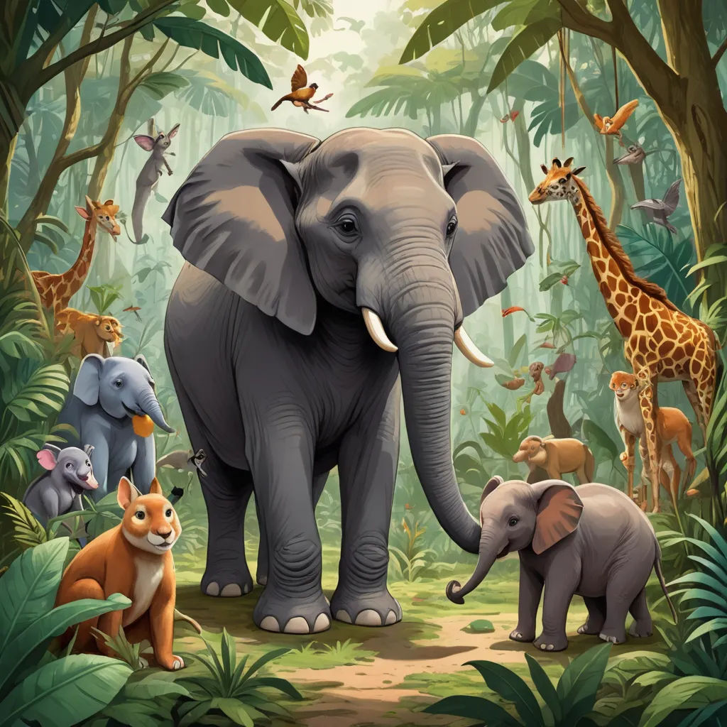 a group of animals in a jungle with trees and bushes behind them, including an elephant, a giraffe, a zebra, and a rhino, sumatraism, a storybook illustration, Chris LaBrooy, highly detailed digital painting