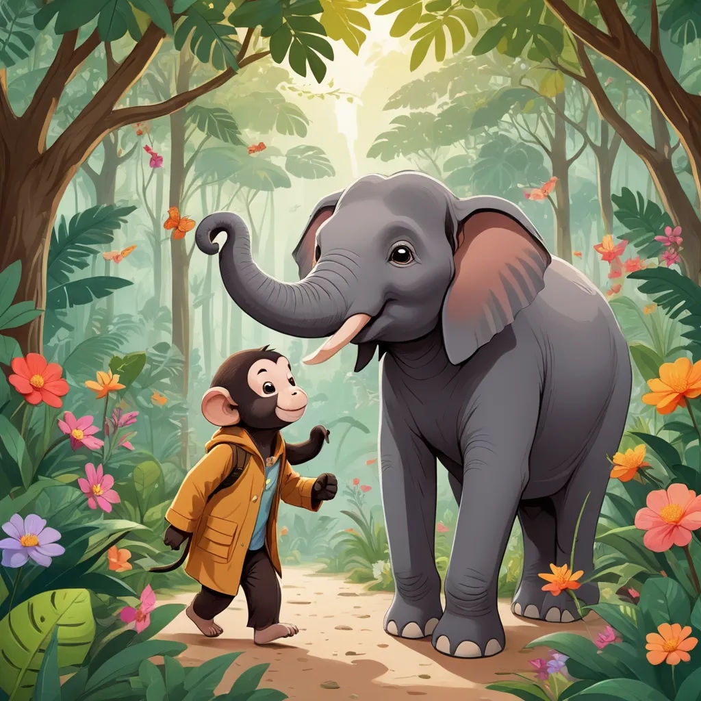 a monkey and an elephant in a jungle with flowers and trees around them, and a man in a yellow jacket pointing at the elephant, art & language, a storybook illustration, Chris LaBrooy, storybook illustration