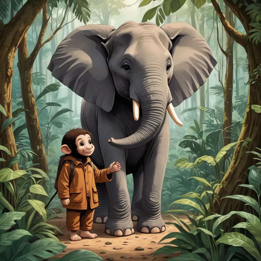 a boy standing next to an elephant in a forest with trees and plants behind him, with a jungle background, magical realism, a storybook illustration, Diego Gisbert Llorens, storybook illustration