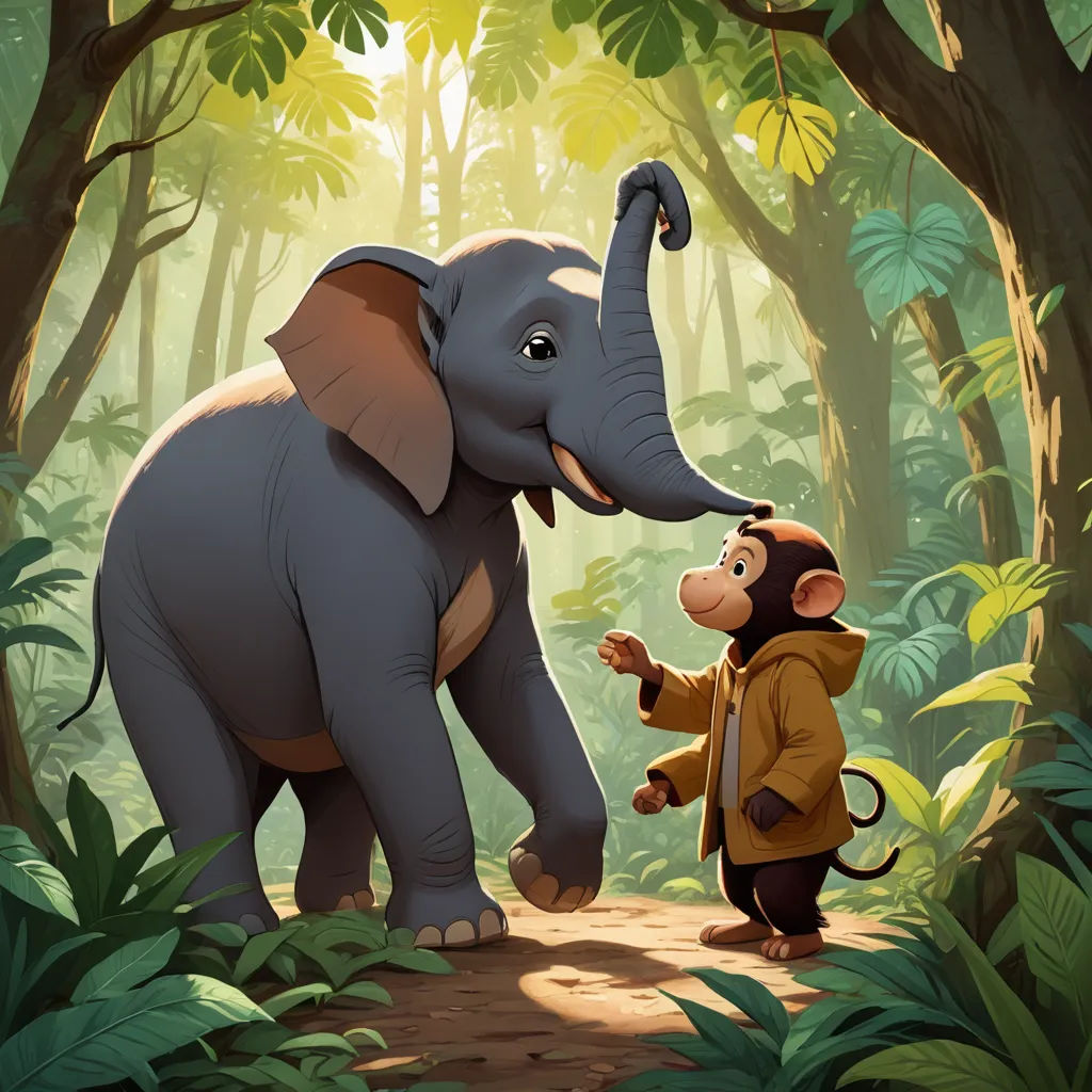 a monkey and an elephant in a jungle with trees and plants behind them, one of them is touching the trunk of the elephant, sumatraism, a storybook illustration, Chris LaBrooy, official art
