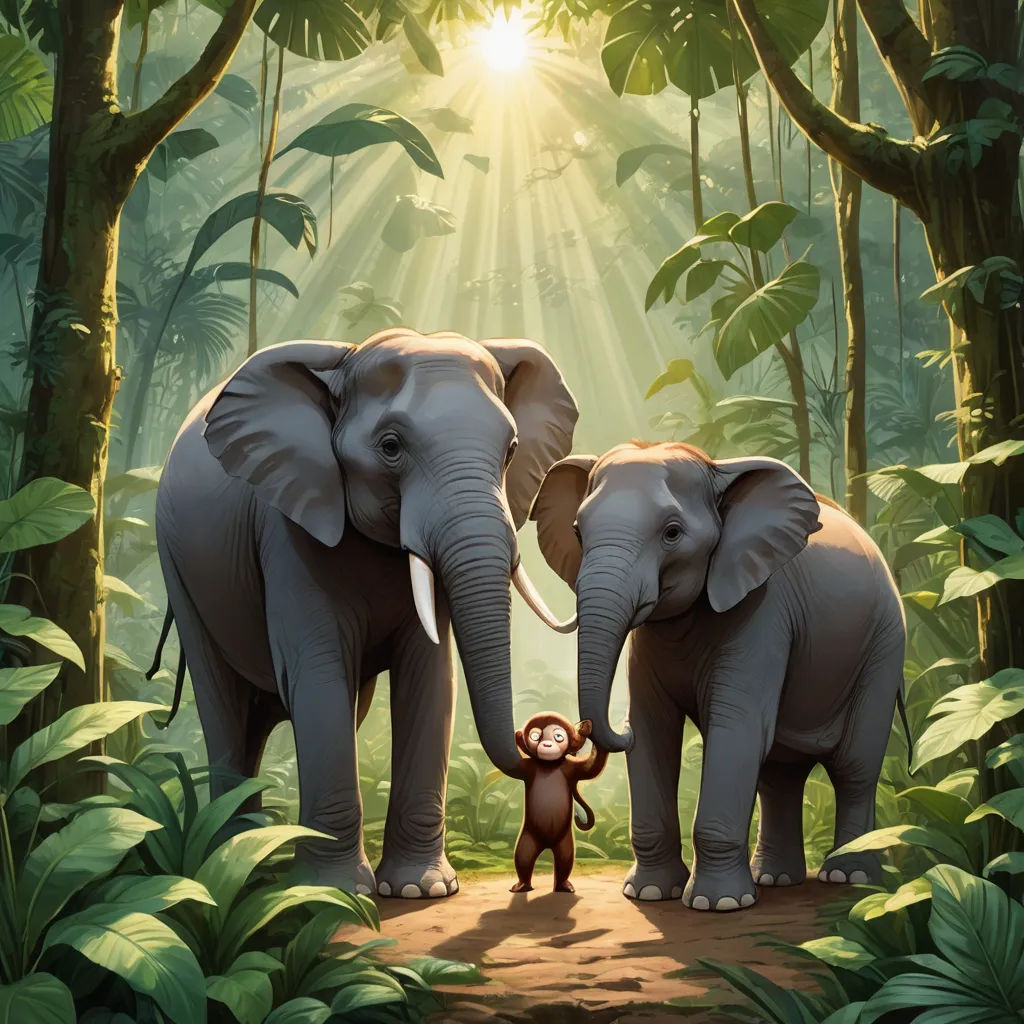 two elephants standing in the middle of a jungle with a baby elephant in front of them and a man holding the trunk of an elephant, sumatraism, a storybook illustration, Chris LaBrooy, promotional image