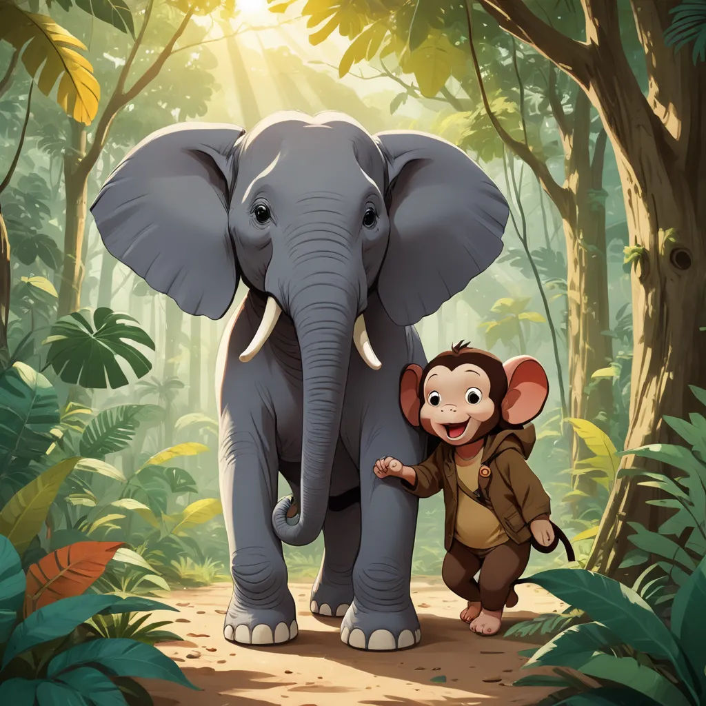 a monkey and an elephant in a jungle with sunlight coming through the trees and leaves on the ground and a man standing next to them, furry art, a storybook illustration, Diego Gisbert Llorens, promotional image