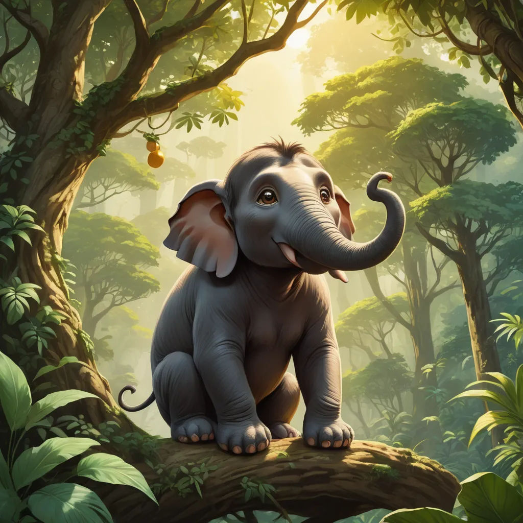 a baby elephant sitting on a tree branch in a forest with a sunbeam in the background and a tree trunk with a fruit hanging from it's trunk, fantasy art, a digital painting, Chris LaBrooy, magic the gathering artwork
