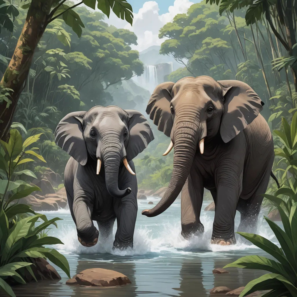 two elephants are walking through a river in the jungles of a tropical island with waterfall and trees in the background, sumatraism, a digital painting, Christophe Vacher, highly detailed digital painting