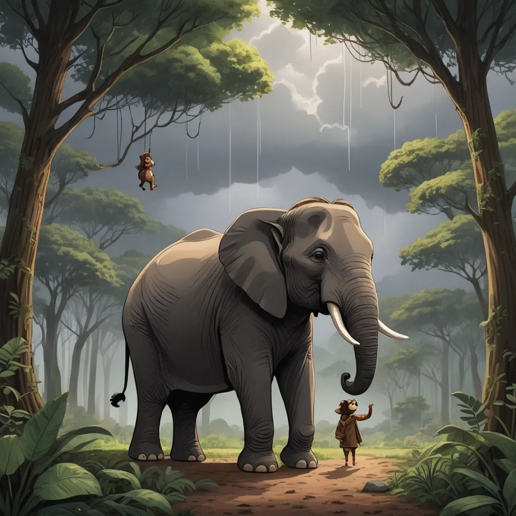 a man standing next to an elephant in a forest with a person hanging from a tree on it's trunk, magical realism, a storybook illustration, Chris LaBrooy, storybook illustration