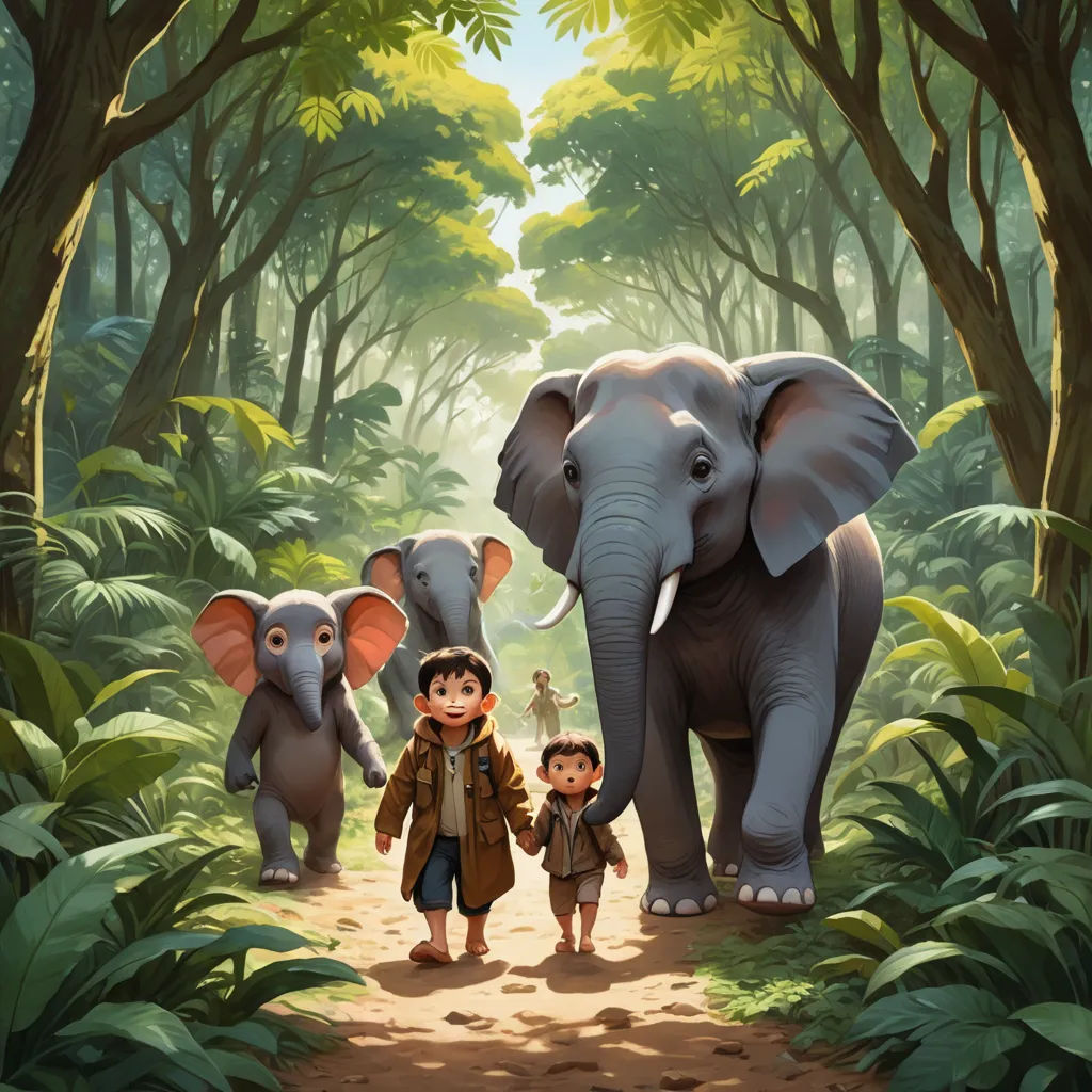 a painting of a family of elephants in the jungle with a boy holding the hand of an elephant's trunk, sots art, a storybook illustration, Cliff Childs, official art