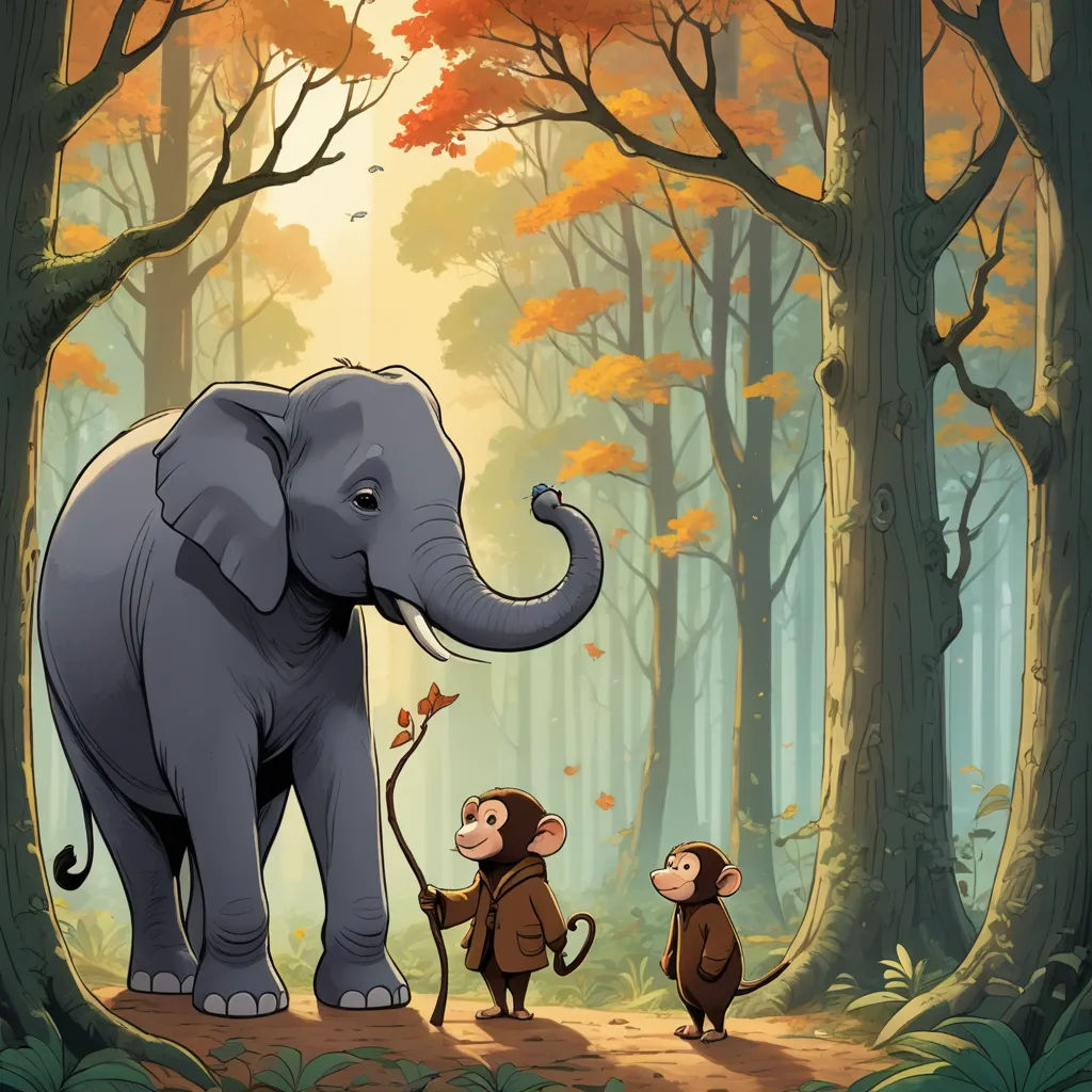 a couple of monkeys standing next to an elephant in a forest with a baby elephant on its back and a baby elephant on its back, sumatraism, a storybook illustration, Chris LaBrooy, storybook illustration