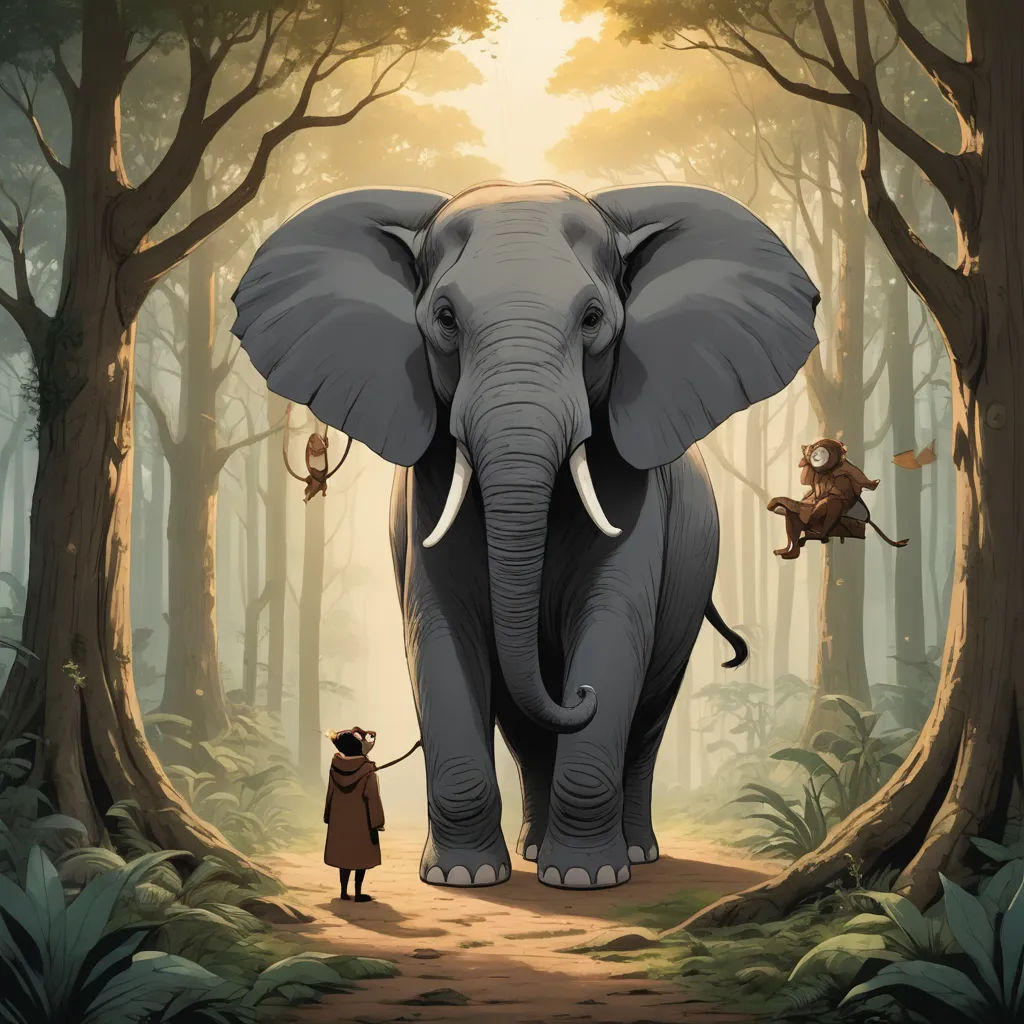 a painting of an elephant and a man in a forest with trees and a sun in the background,, sumatraism, a storybook illustration, Chris LaBrooy, promotional image