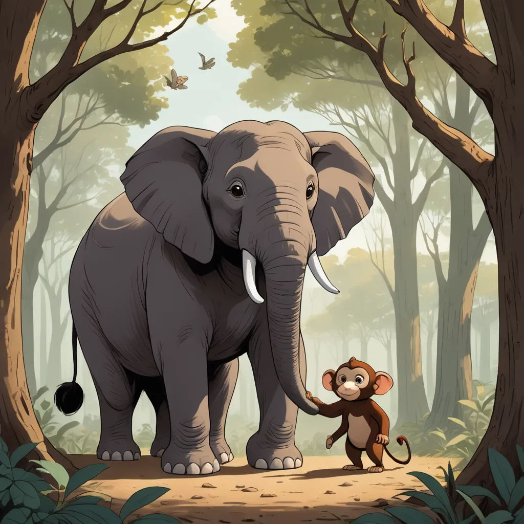 a monkey and an elephant in a forest with trees and a bird flying overhead, with a bird on the ground, sumatraism, a storybook illustration, Diego Gisbert Llorens, storybook illustration