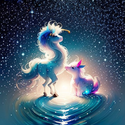 a unicorn and a dog are standing in the water under the stars of the night sky with a bright light
