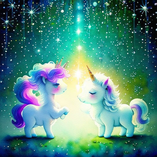two unicorns are facing each other with a star in the background and a green sky behind them, with stars and a green light