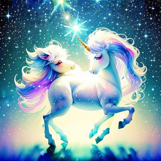 a unicorn and a unicorn horse are in the sky with stars above them, and a bright blue sky is behind them