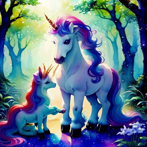 a painting of a unicorn and her baby in the woods with trees and flowers in the background, with a bird flying over the top