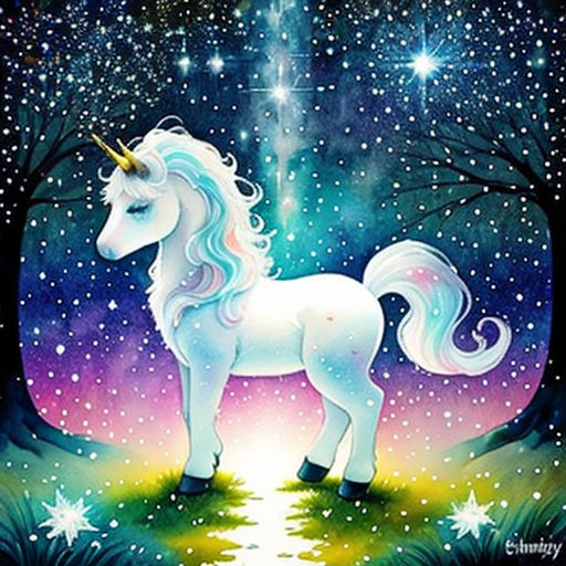 a painting of a unicorn standing in the woods with stars and a sky background with stars and a path leading to a light