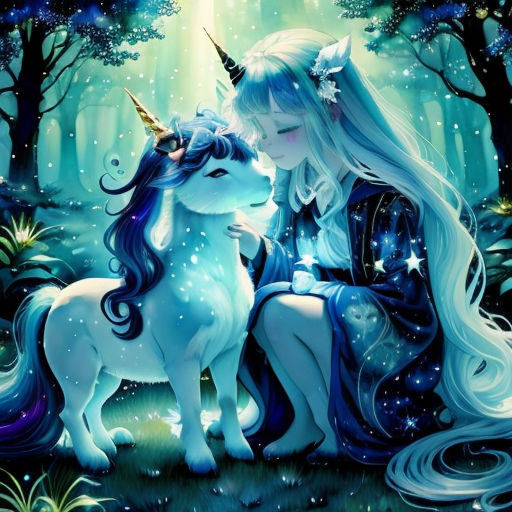 a painting of a girl and a unicorn in the woods with stars and trees behind them, with a blue sky and stars