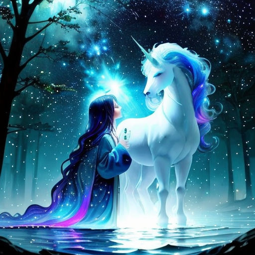 a woman and a unicorn are standing in the water under the stars of the sky and trees, with the moon shining behind them