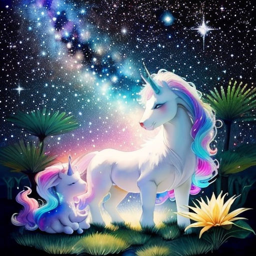 a painting of a unicorn and her baby in the grass with stars in the sky above them and a pond below
